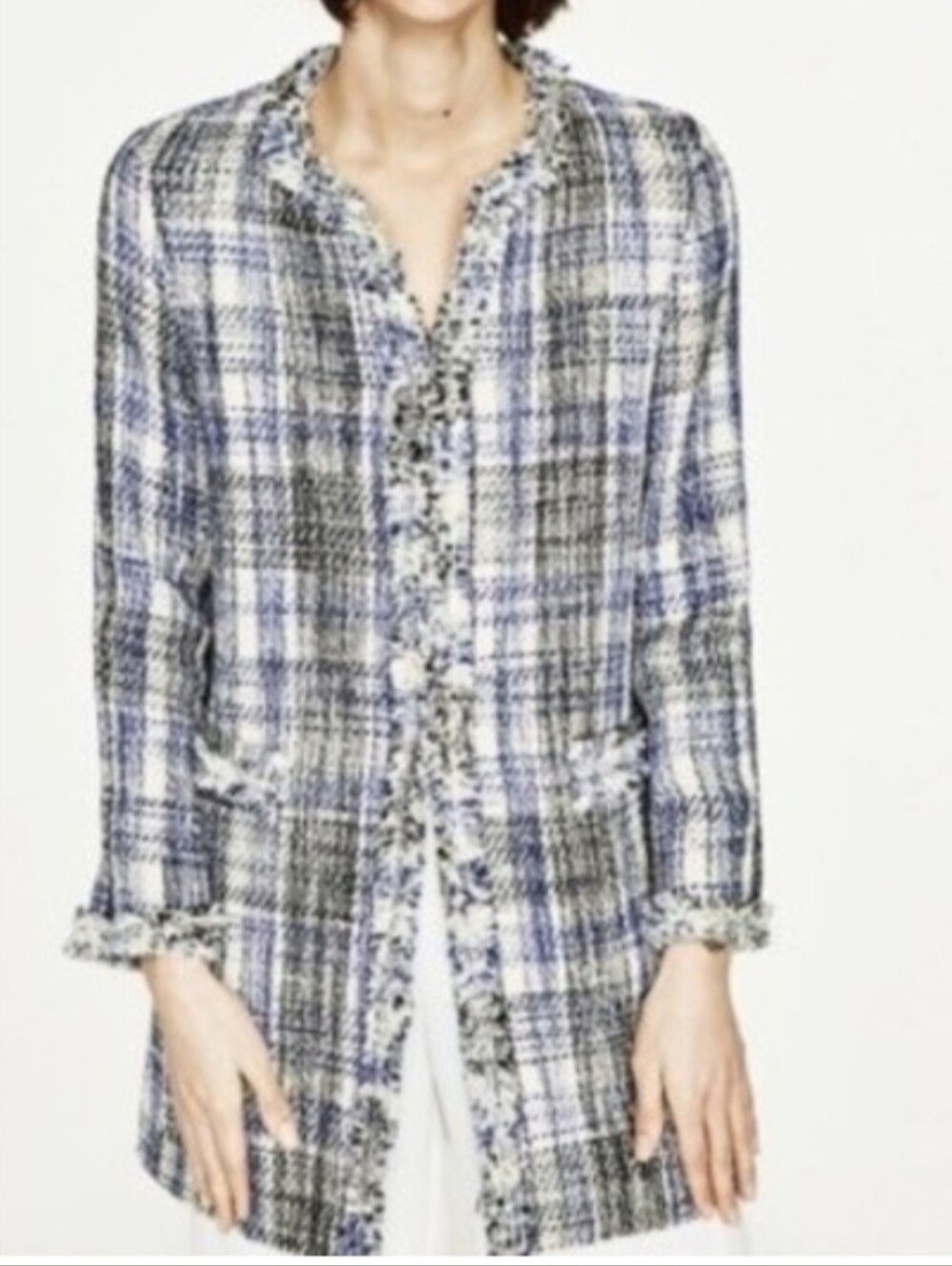 Zara Basic Collection Blue Tweed Plaid Frayed Fringe Longline Blazer/Jacket Med.